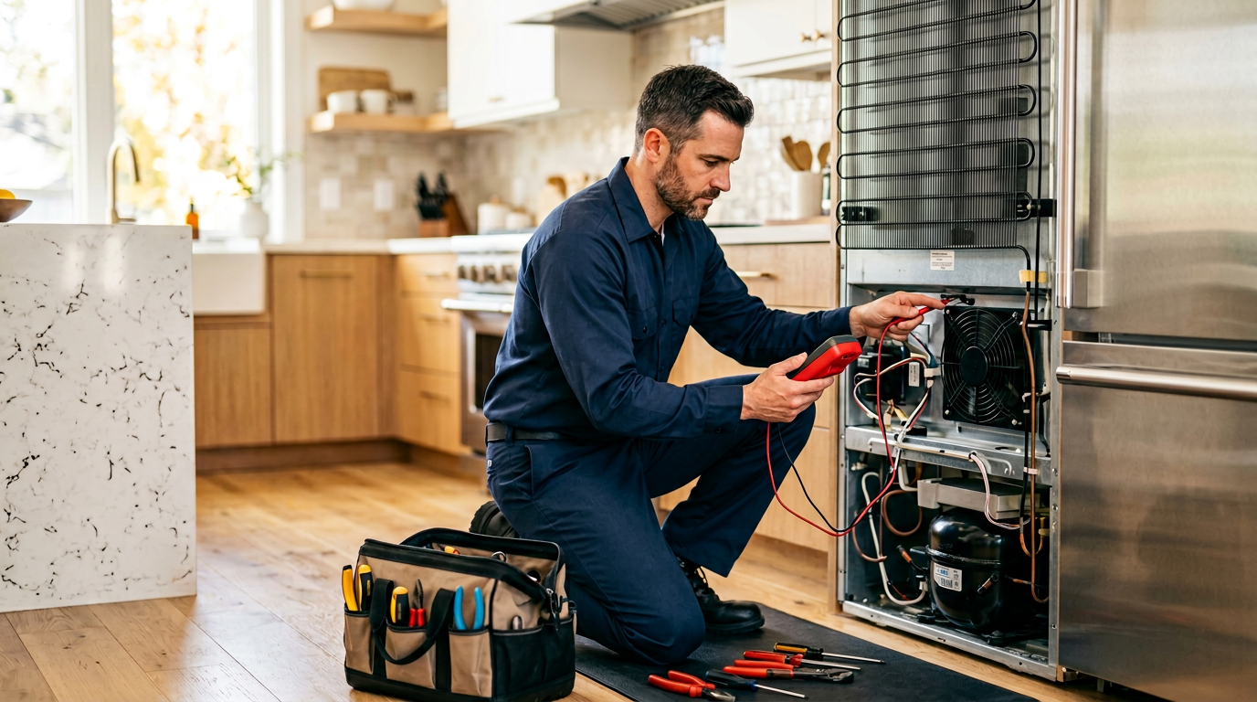 Certified technician diagnosing a refrigerator in a modern kitchen